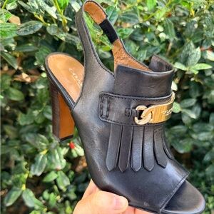 Coach Black Leather Fringe Heels with Gold Accent